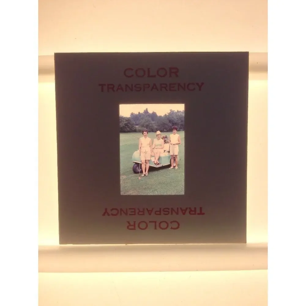 Vtg 50s Mid Century Three Women Golf Cart Golfing Summer Photograph Color Slide